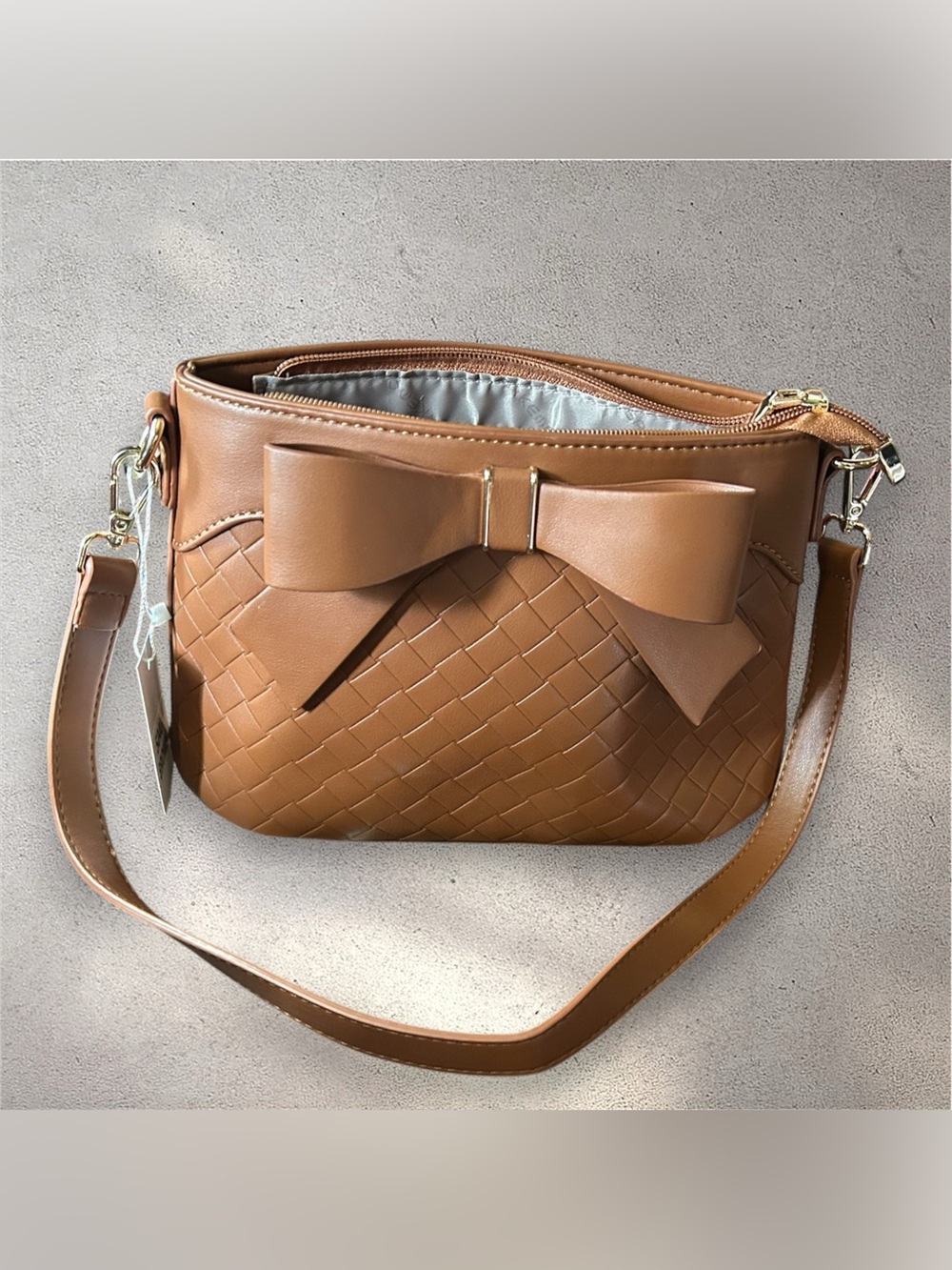 Woven Bow Accent Tan Crossbody Bag